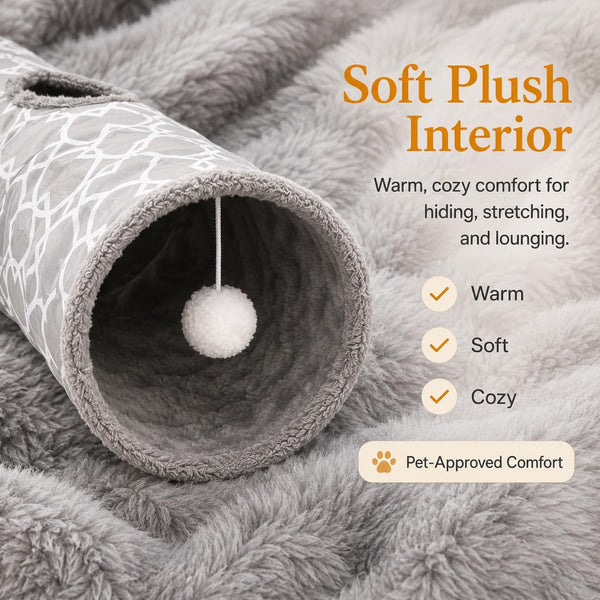 Geometric Straight Cat Tunnel with Plush Inside,Cats Toys Collapsible Tunnel Tube with Balls, for Rabbits, Kittens, Ferrets,Puppy, Diameter 9.8 Inch2