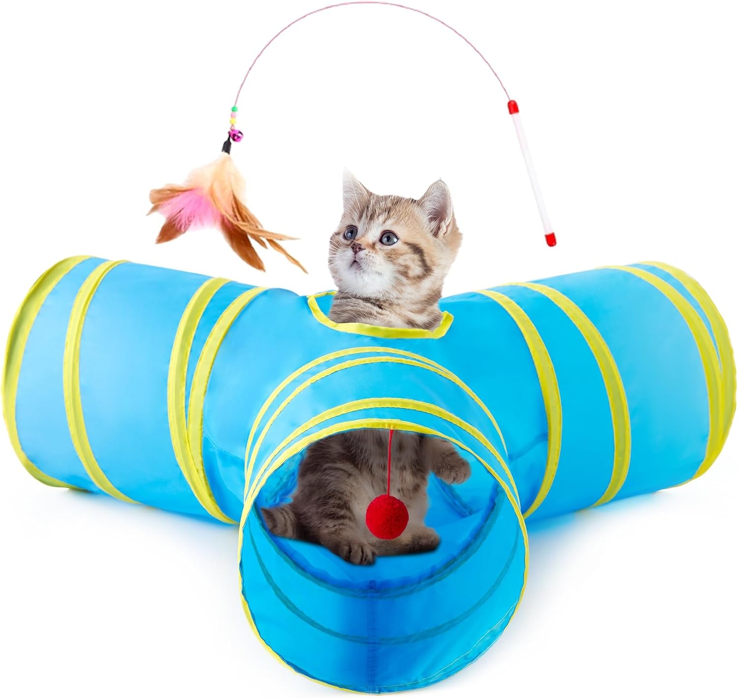 tempcore-pet-cat-tunnel-tube-toys-3-way-collapsible-tunnels-for-indoor-cats-interactive-tube-with-teaser-wand-peek-holes-hanging-ball-black-blue