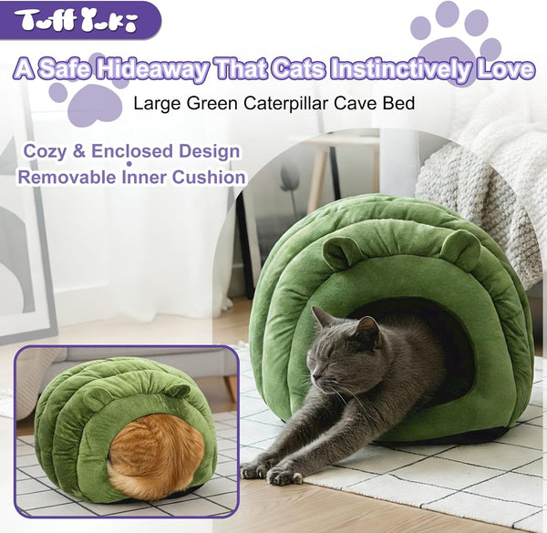 Cat Cave Bed, Orthopedic Memory Foam anti Anxiety Cat Bed for Indoor Cats, Cozy Plush Caterpillar Tunnel Cat Bed, Non Slip Pet Bed Fits Cats up to 15 Lbs, Green3