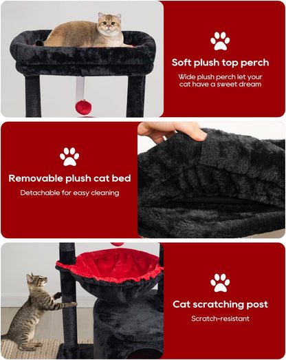 SYANDLVY Gothic Cat Tree with Coffin Bed for Indoor Cats, Modern House | Small Activity Tower with Scratching Post, Condo & Cradle, Kittens Cave, Black & Red4