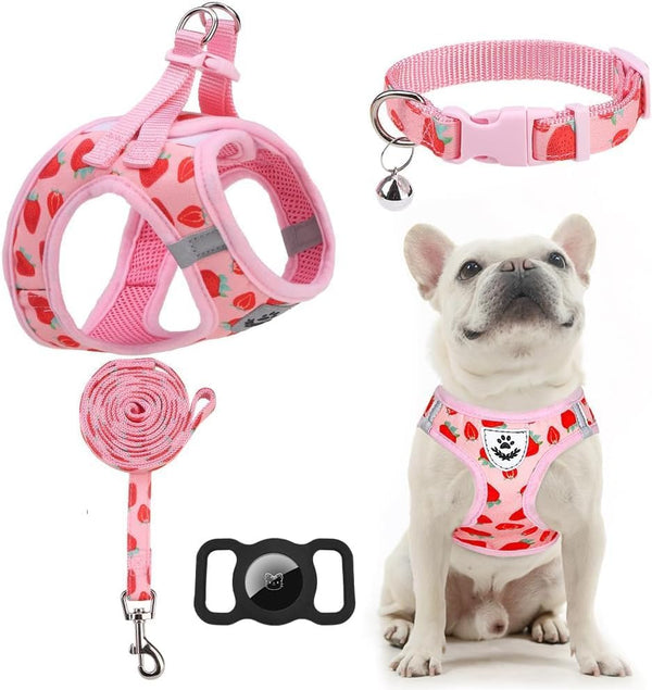 EXPAWLORER Plaid Small Dog Harness and Leash Set with Airtag Holder - No Pull Soft Padded Step in Dog Vest Harness Medium Sized Dog, Reflective Puppy Harness, Collar and Leash for Walking, Khaki S38