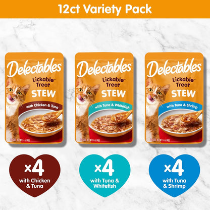 Delectables Lickable Treat Stew Wet Cat Treat Variety Pack, Food Topper, Hydrating, Grain-Free, No Fillers, No By-Products, No Added Preservatives, 1.4Oz Pouch, 12Ct6