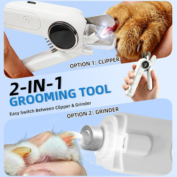 2-In-1 Dog Nail Clippers & Grinder with LED Light, Quiet Electric Pet Nail Trimmer for Small Medium Large Dogs & Cats, 3 Speeds, USB Rechargeable, Quick Sensor, Safety Lock & Splash Guard (White)2