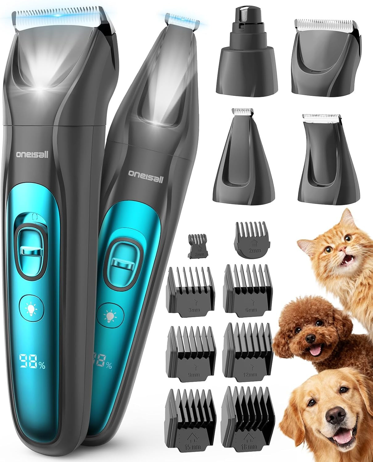 oneisall-professional-4-in-1-dog-grooming-kit-with-led-light-quiet-clippers-nail-grinder-cordless-3-7-hrs-runtime-led-display-safe-for-paws-face-ears-body