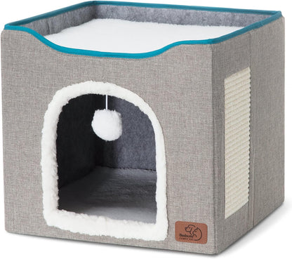 Bedsure Cat House Bed for Indoor Cats with Fluffy Ball and Scratch Pad,Grey | 16.5X16.5X13 In,Large Cat Cave for Multiple Pets,Foldable Cat Hideway Cube for Sleeping Kitten4