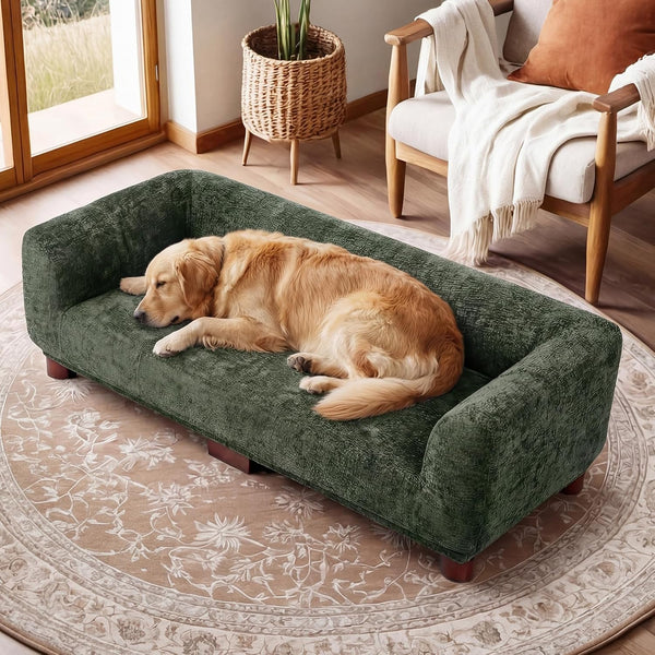 Dog Couch Sofa for Large & Extra Large Dogs, Elevated Pet Bed with Legs, Button Tufted Chenille Dog Couch with Backrest and Armrests, Modern Indoor Dog Furniture(Green, XXL - 55" X 28" X 15")1