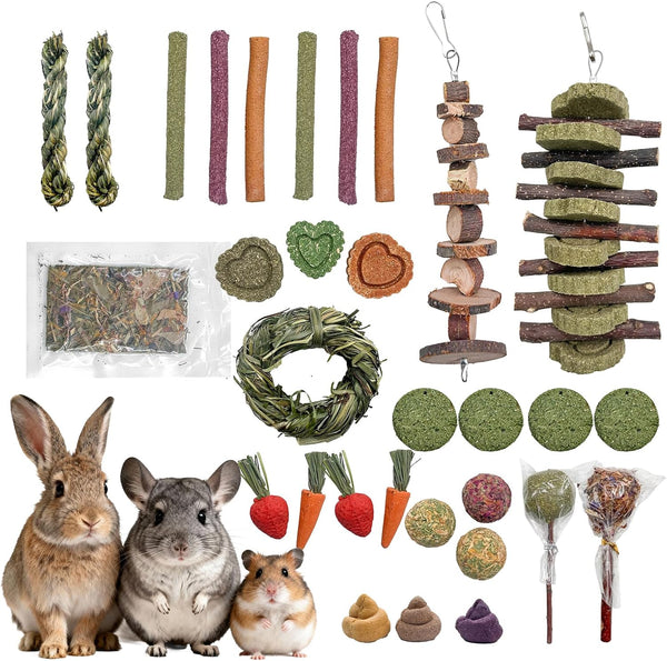 Rabbit Chew Toys, Toys for Guinea Pigs & Hamsters - Natural Chew Sticks & Balls Set for Small Animals, Dental Care Treats for Chinchillas, Bunny - 20+ Toys for Teeth Health (32 Pieces)1