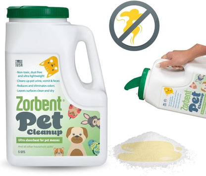 Zorbent Pet Accident Cleanup – Odor Remover for Dog & Cat Messes. Absorbs 1 Gallon. Pet-Safe Cleaner for Urine, Vomit, Poop & Accidents on Hardwood, Tile, Vinyl, Concrete, Short Carpet & Rugs, 5 Qt7