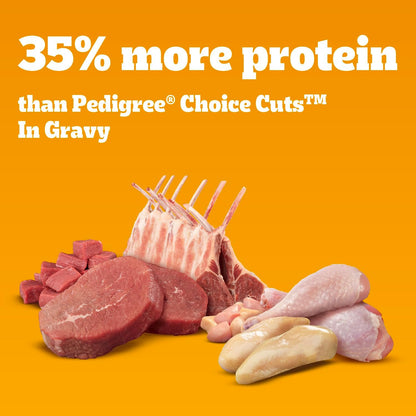 Pedigree High Protein Cuts in Gravy Pack Wet Dog Food, 13.2 Oz, 12 Count | Beef, Lamb, Chicken & Turkey, Slow Cooked Real Meat, 40G+ Protein per Can, Serve as Topper or Complete Meal, Canned Dog Food3