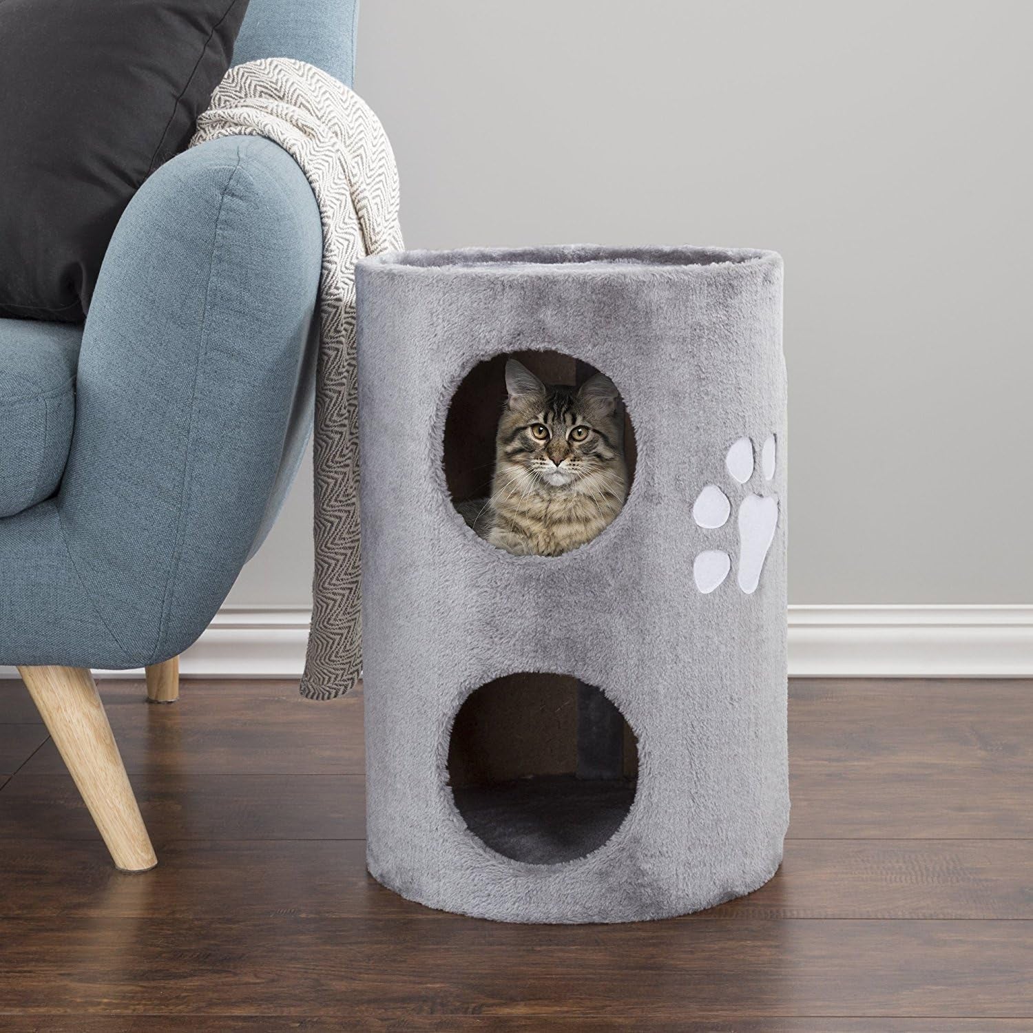 20-5-inch-cat-condo-2-story-cat-house-with-sisal-scratch-pad-barrel-shaped-pet-house-covered-in-soft-fabric-by-petmaker-gray