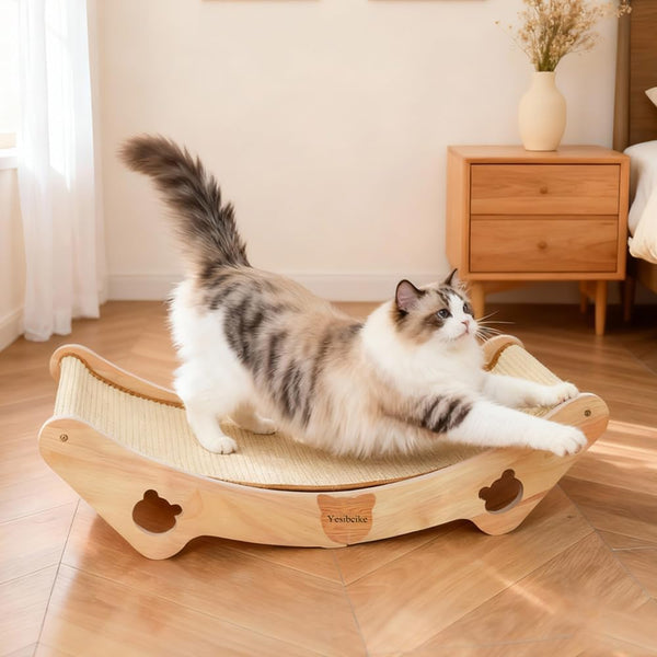 Upgraded Sisal Cat Scratcher Bed, Solid Oak Frame 1.3 Cm Thick, 100% Sisal Pad, Curved Scratch Lounger, Stable Base up to 36 Lb, Sofa Protector, Odor-Free, 23.6" X 13.7"1