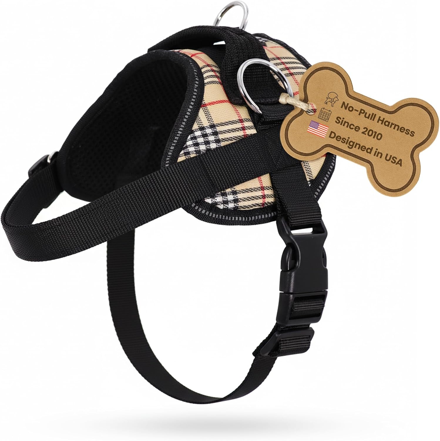 bark-appeal-tan-plaid-no-pull-dog-harness-for-extra-small-to-small-sized-pets-adjustable-reflective-vest-with-3-leash-clips-for-added-control-easy-walks-training-small