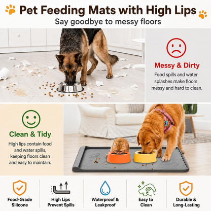 Dog Food Mat 36"X24" - Silicone Dog Mat for Food and Water Large Pet Feeding Mats with Residue Collection Pocket - Waterproof Dog Cat Bowl Mat with High Edges to Prevent Water Food Spills (Gray)2