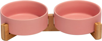 SPUNKYJUNKY Ceramic Dog and Cat Bowl with Wood Stand Non-Slip Matte Glaze Weighted Food Water Set for Cats &Small Dogs 13.5OZ22