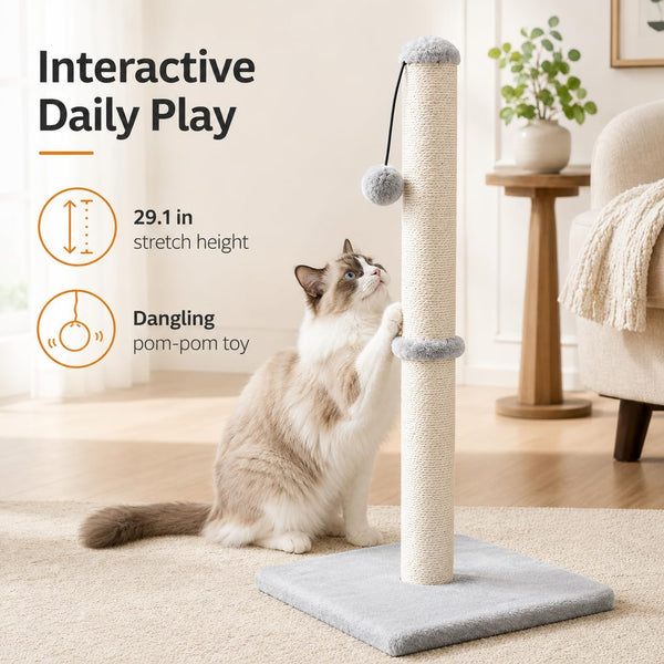 Dimaka 29" Height Tall Cat Scratching Post, Claw Scratcher with Sisal Rope and Covered with Soft Smooth Plush, Vertical Scratch [Full Strectch] for Standard Size Cats(Grey, 29 Inches for All Cats)6