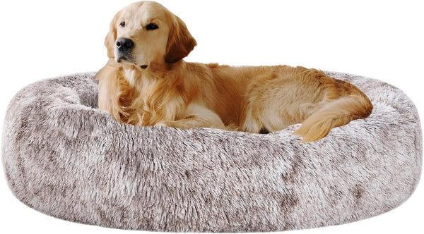 Coohom Oval Calming Donut Cuddler Dog Bed,Shag Faux Fur Cat Bed Washable round Pillow Pet Bed(30"/36"/43") for Medium Dogs (Xl(36"X27"X7"),Light Brown)1