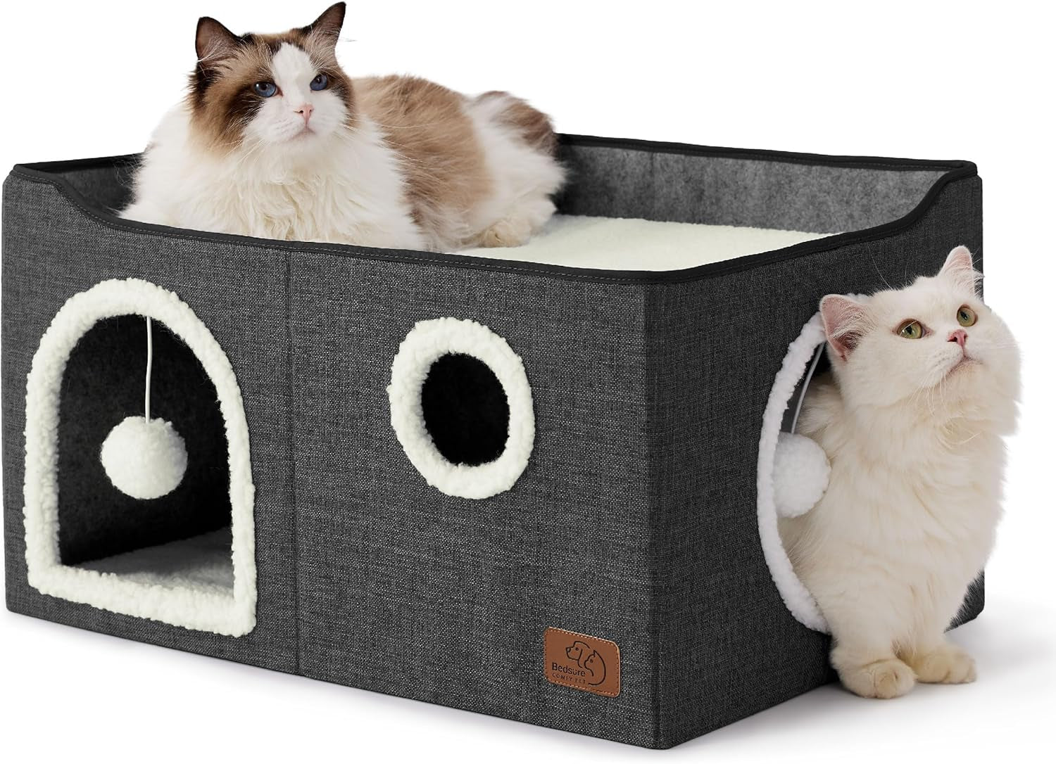 bedsure-cat-house-bed-for-indoor-cats-with-fluffy-ball-and-scratch-pad-grey-16-5x16-5x13-in-large-cat-cave-for-multiple-pets-foldable-cat-hideway-cube-for-sleeping-kitten