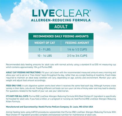 Purina ONE Liveclear Allergen-Reducing Cat Food Dry Formula with Real Chicken as the Number One Ingredient - 6.3 Lb. Bag | Real Chicken Is the #1 Ingredient, Reduces Allergens in Cat Hair and Dander by 47%, Includes DHA for Cat Vision Support5