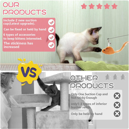 Interactive Bird Simulation Cat Toy Set | Cat Wand Toys,Includes 2 Self-Holding Suction Cup Bases and 6 Detachable Replacement Feather Toys4