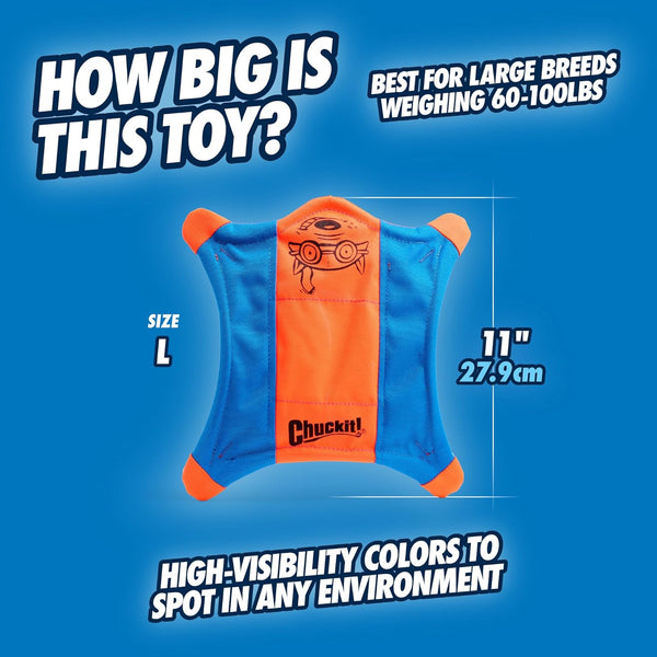Chuckit! Flying Squirrel Fetch Dog Toy - Water Floating Flyer - Soft and Durable Polyester Canvas Construction - for Large Dogs - Size Large - 11-Inch Diameter - Pack of 1 - Orange and Blue3