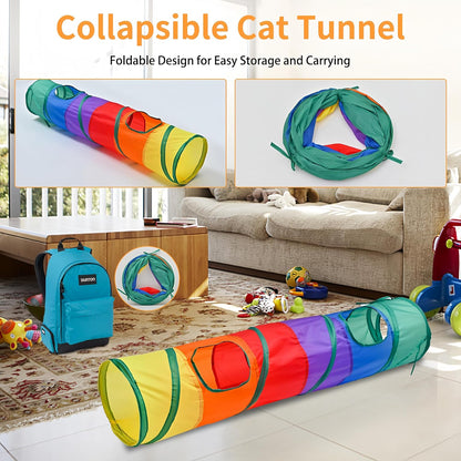 Icagy 25 Pcs Cat Toys for Cats, Indoor Kittens - Interactive Variety Pack, 45 Inches Rainbow Cat Tunnel, Feather Teaser, Feather Golf, Mice, Springs, Balls, Noise Toys - Rainbow/Colorful 45"3