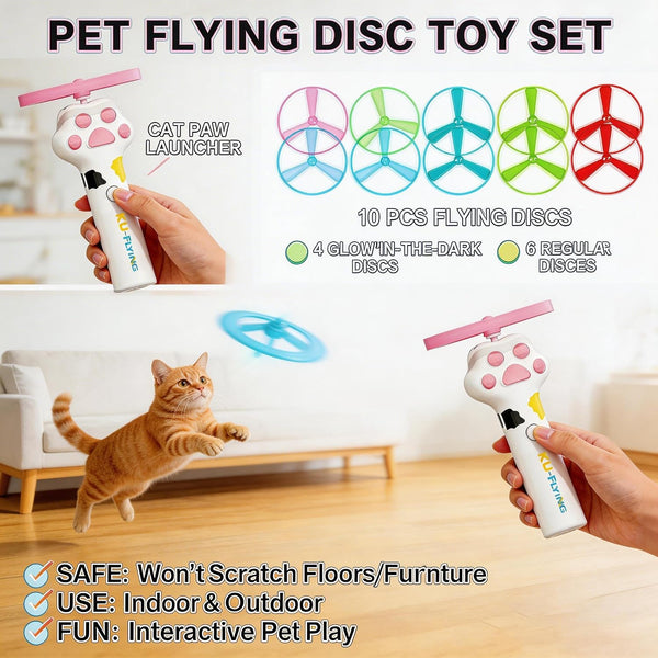 Cat Fetch Toy Launcher,Flying Disc Launcher Toy Rechargeable with 10 Flying Discs,Flying Cat Toy Disc Launcher for Kitten Dog Playing Interactive Hunting Tracking Toys for Outdoor Indoor,White6