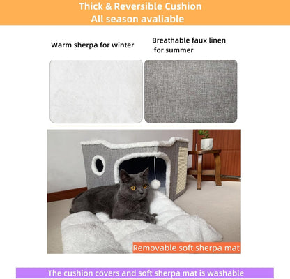 Cat Bed for Indoor Cats,Covered Cat Cave House & Furniture with Scratch Pad,Foldable Cat Hideaway Hut Cute Cat Condo with Soft Washable Mat for Multi Small Pet under 30 Lbs,Light Grey4
