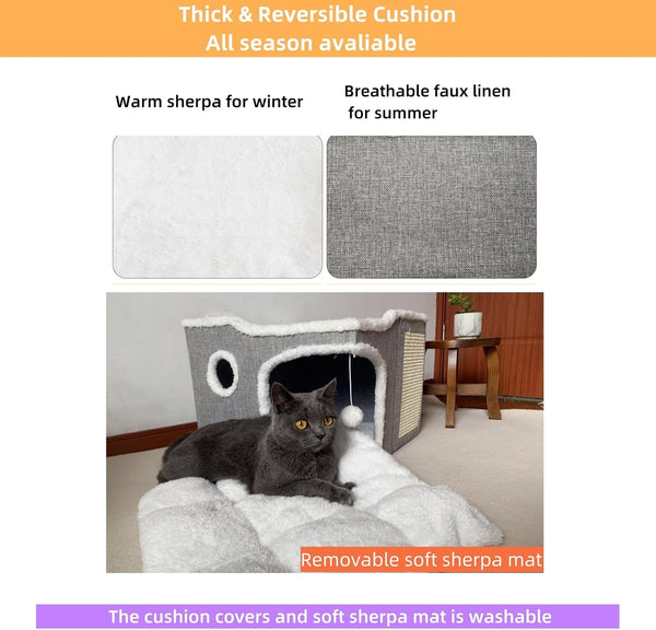 Cat Bed for Indoor Cats,Covered Cat Cave House & Furniture with Scratch Pad,Foldable Cat Hideaway Hut Cute Cat Condo with Soft Washable Mat for Multi Small Pet under 30 Lbs,Light Grey4