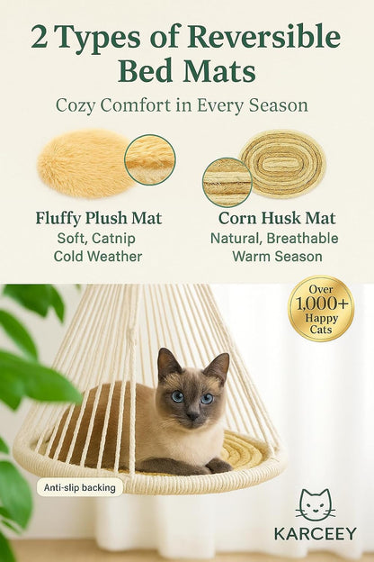 KARCEEY Macrame Cat Hammock - Hanging Cat Bed for Wall & Window - Boho Swing with Full Hardware Kit & Nip Toy - Stable Heavy Duty Design for Large & Senior Felines up to 60Lbs7