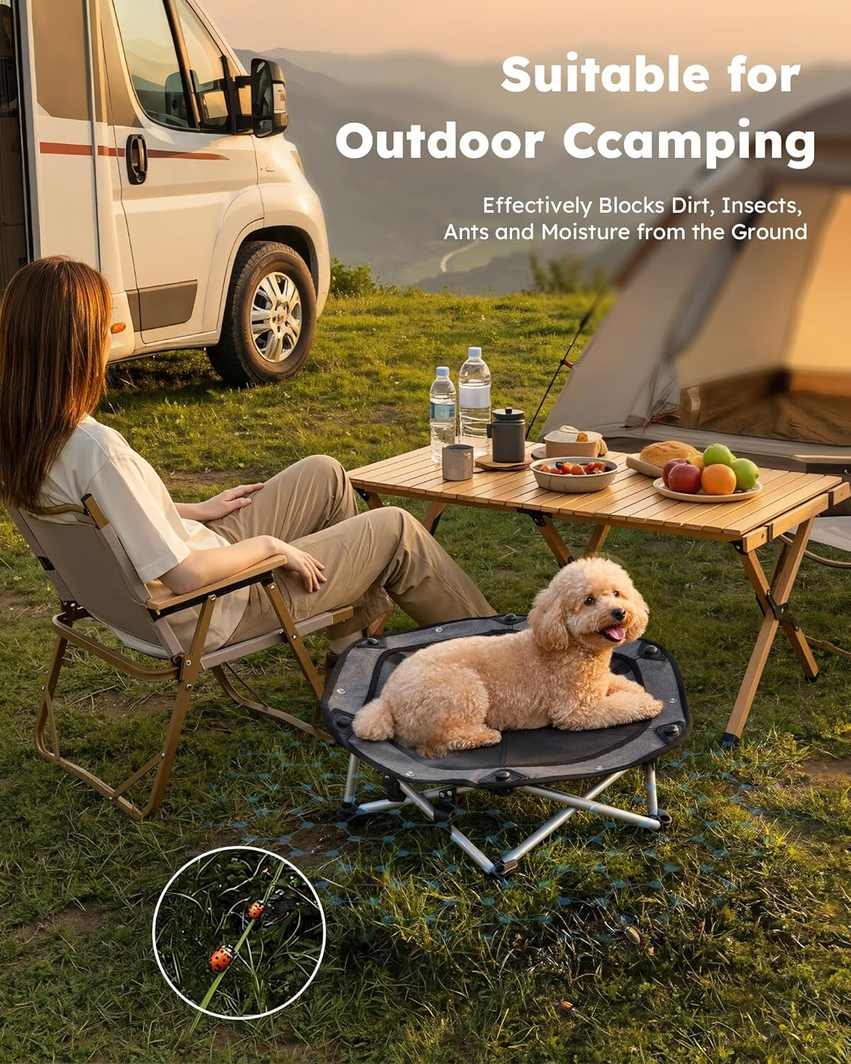 pecute-raised-dog-bed-with-cooling-mat-elevated-pet-cot-for-small-dogs-m-breathable-textilene-mesh-outdoor-camping-beach-steel-frame-130-lbs-heavy-duty-support-tool-free-3-second-quick-assembly