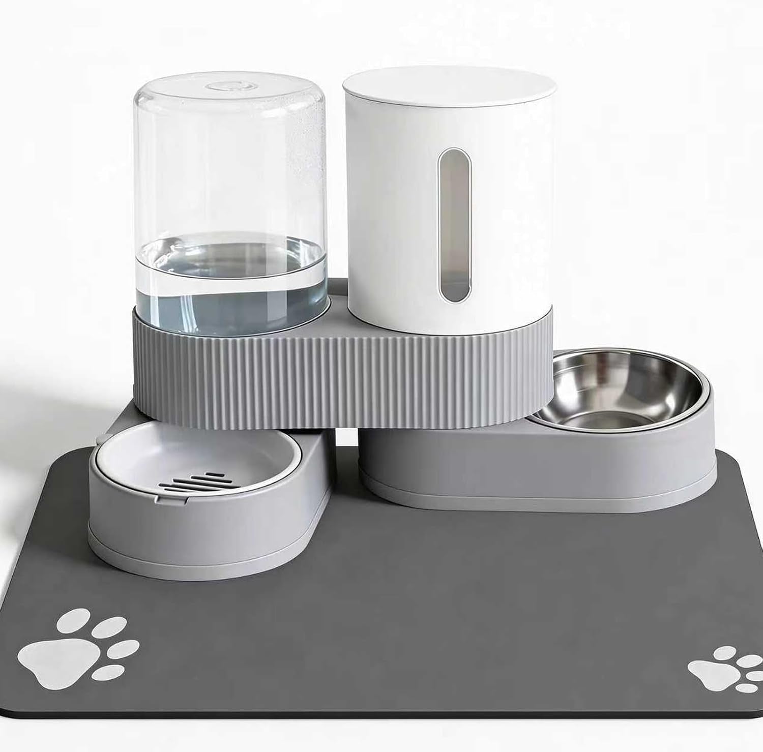 gravity-cat-feeder-2-pack-automatic-food-feeder-and-water-dispenser-set-detachable-pet-bowl-with-silicone-mat-for-cats-small-medium-dogs-large-capacitygrey