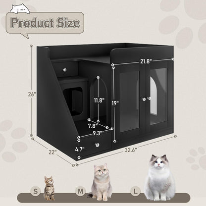 Cat Litter Box Enclosure with Light, Hidden Litter Box Furniture with 2 Storage Drawers & Smart Doors, Cat House Side Table for Living Room Entryway (Black)2