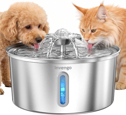 Cat Water Fountain Stainless Steel 3.2L/108Oz, Invengo Automatic Pet Fountain for Cats & Dogs, Ultra Quiet <25 Db Pump, Includes 4 Replacement Filters & Sponges, LED Water Level Window, Easy to Clean10
