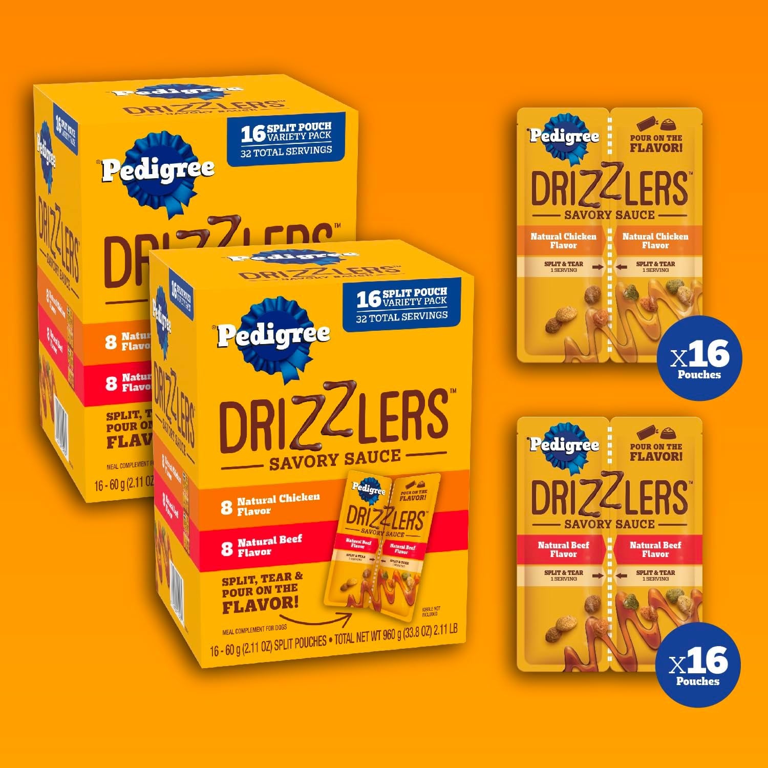 pedigree-drizzlers-savory-sauce-wet-dog-pouch-multipack-16-count-2-pack-chicken-beef-flavors-4-calories-per-serving-8-ingredients-dual-serving-split-pouch-maintains-kibble-crunch