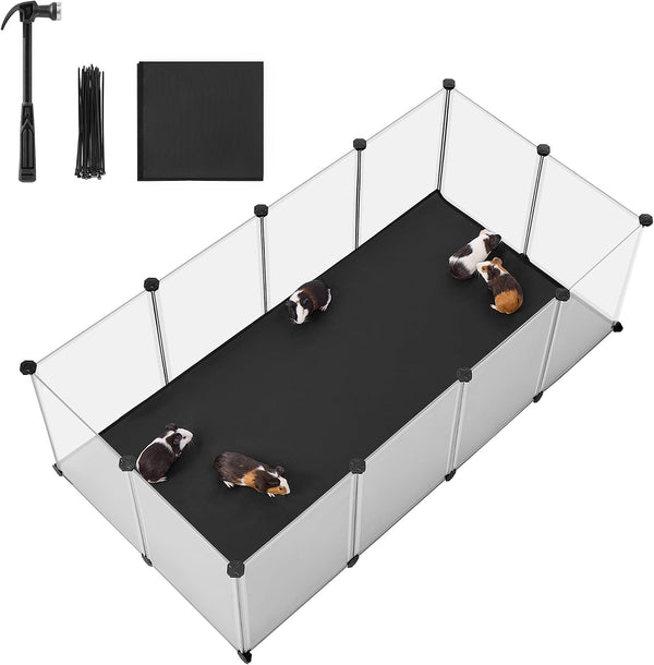 SONGMICS 20 Panels Pet Playpen with Floor, Small Animal Playpen, Pet Fence Indoor, DIY Plastic Enclosure for Guinea Pigs, Bunny, Hamsters, Hedgehogs, 49.2 X 24.8 X 16.5 Inches, White ULPC001W0110