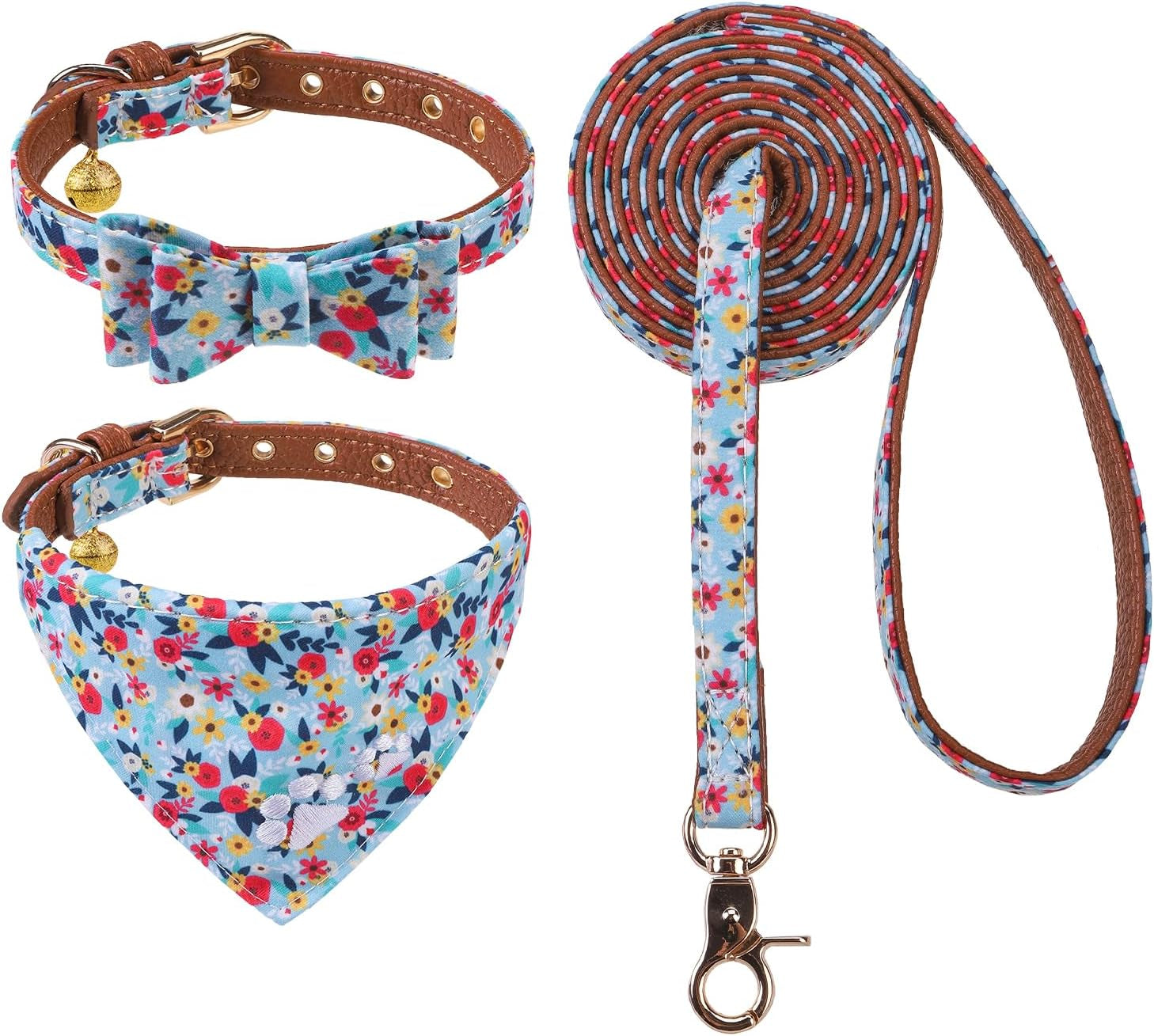 expawlorer-puppy-collar-and-leash-set-embroidery-pawprints-plaid-dog-collar-and-dog-leash-set-bow-tie-and-bandana-dog-collar-with-bell-cute-collar-and-leash-for-dogs-cats-outdoor-walking-blue-s