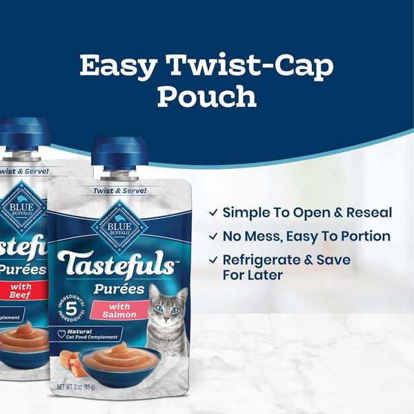 Blue Buffalo Tastefuls Purees Variety Pack Cat Food Topper, 3 Oz, 12 Ct | Chicken, Tuna & Beef, Just 5 Ingredients, Resealable Twist-Cap Pouches4
