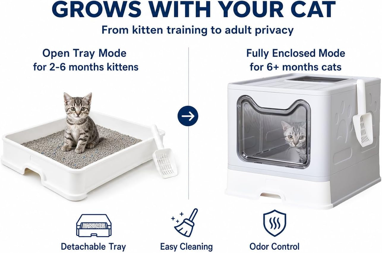 medario-cat-litter-box-with-litter-mat-and-scoop-large-covered-litter-box-with-lid-enclosed-kitty-box-front-entry-top-exit-odor-control-easy-to-clean-grey