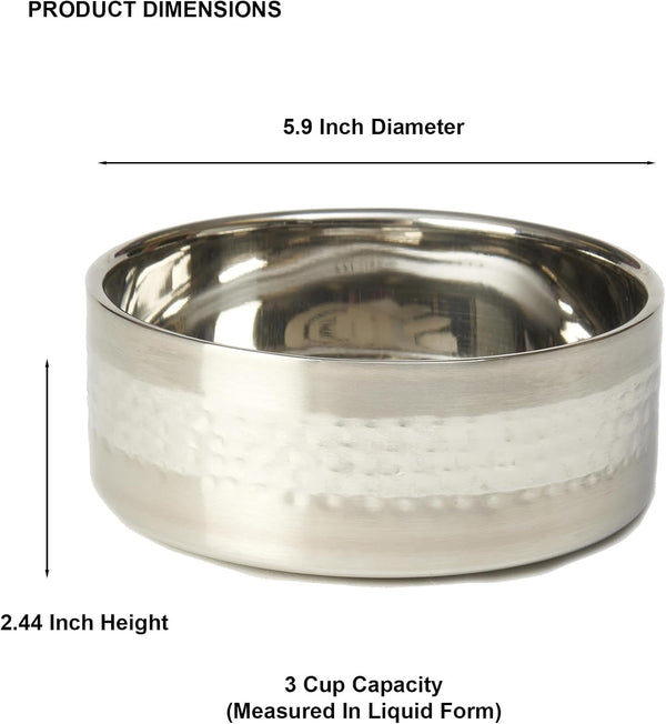 Petrageous 18435 Sanibel Stainless-Steel Hammered Double Walled Dog Bowl 5.9-Inch Width and 2.44-Inch Height 3-Cups Capacity, Metallic3
