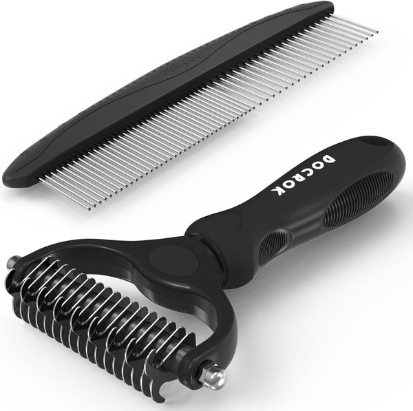 Docrok Pet Grooming Combo - Blue Deshedding Brush with Metal Comb for Detangling and Dematting Long, Matted Fur on Cats and Dogs8
