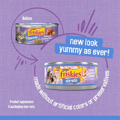 Purina Friskies Shreds Turkey and Cheese Dinner in Gravy High Protein Wet Cat Food - (Pack of 24) 5.5 Oz. Cans2