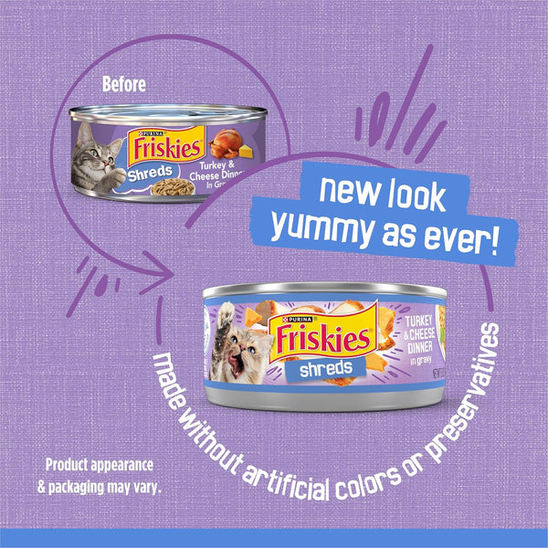 Purina Friskies Shreds Turkey and Cheese Dinner in Gravy High Protein Wet Cat Food - (Pack of 24) 5.5 Oz. Cans2