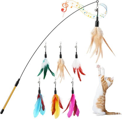 Pawaboo Feather Teaser Cat Toy - Interactive Wand with Extra Long 34.5" Wand and Small Bell, Fun Exerciser Playing Toy for Kittens or Cats, Brown Feather10