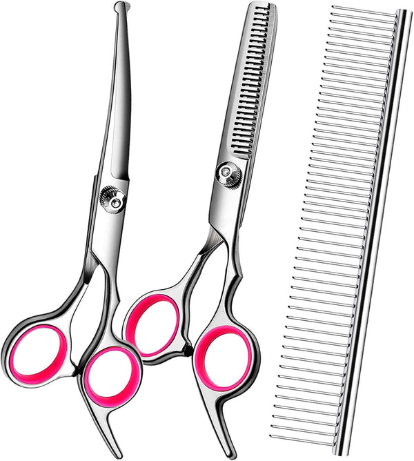 Dog Grooming Scissors Kit, Premium Stainless Steel Dog Shears with Curved Shears, Sharp Durable for Dogs Cats+Pink 3 Piece1