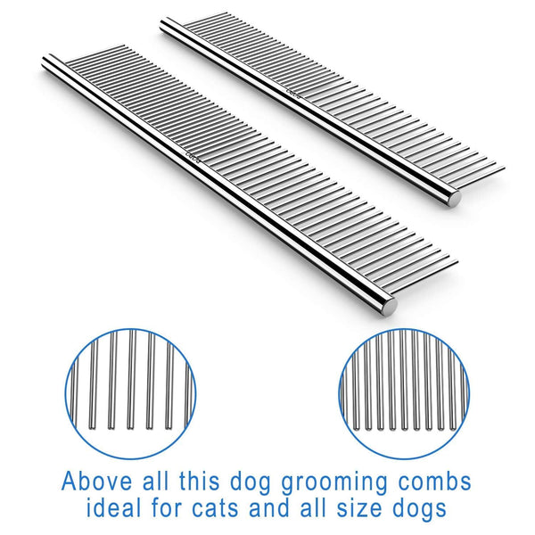 CWXZSTM Pet Steel Combs Dog Cat Comb Tool for Removing Matted Fur - Pet Dematting Comb with Rounded Teeth and Non-Slip Grip Handle - Prevents Knots and Mats for Long and Short Haired Pets,6.5In/7.4In2