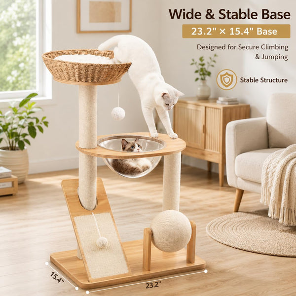 Modern Wooden Cat Tree for Indoor Cats, Furniture Style Cat Tower with Handwoven Basket and Soft Cushion, Acrylic Space Capsule, Sisal Scratching Posts & Interactive Play Ball, 38" Cat Condo4