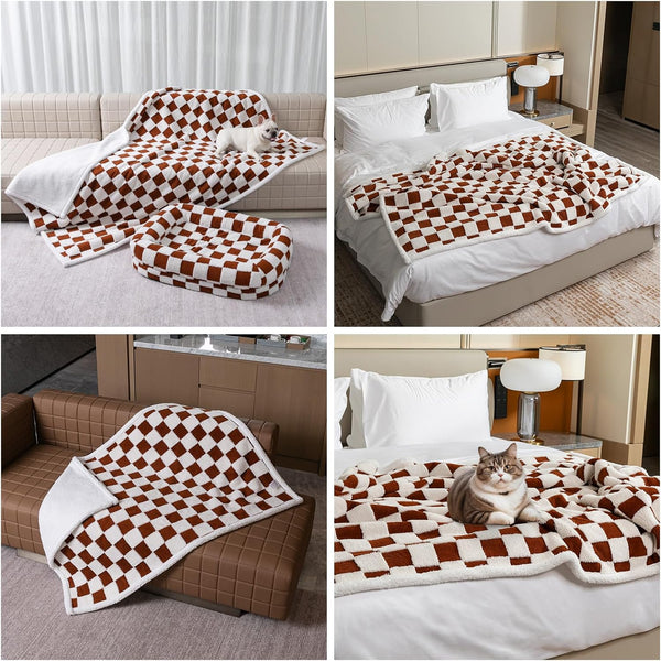 Waterproof Pet Blanket, Brown Checked Pets Throw Blankets for Dog Bed Covers Couch Sofa Stylish Jacquard for Puppy Cats Washable Reversible Furniture Protection Covers (Coffee Check,M)1