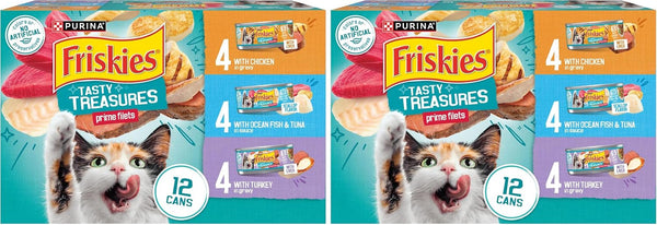 Purina Friskies Wet Cat Food Variety Pack, Tasty Treasures Prime Filets (With Ocean Fish and Tuna, with Chicken and with Turkey) - 5.5 Ounce (Pack of 12)13