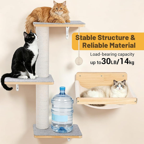Wall Mounted Cat Shelves Set with Hammock | Sisal Scratching Posts, 3 Wooden Steps, Space-Saving Cat Tree, for Indoor Cats up to 30 Lbs3
