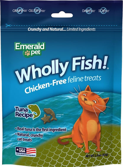 EMERALD PET Wholly Fish! Chicken-Free Feline Treats, Tuna Recipe — Tasty and Crunchy Tuna Cat Treats with Real Tuna — Chicken Free, Grain Free, Natural Cat Treats — Made in USA, 3 Oz1